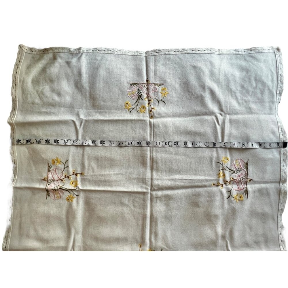 Hand-Embroidered Easter Tablecloth Topper Lace Trim Eggs Daffodils Holidays